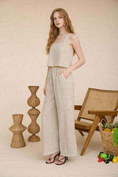2PC Khaki Stripe Top & Pants SET