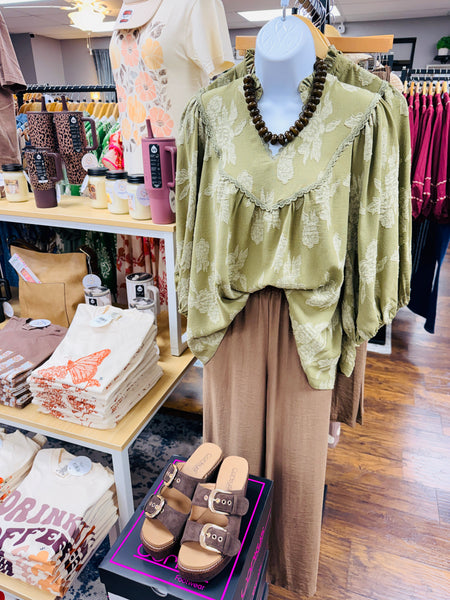 UMGEE Floral Textured Top Olive