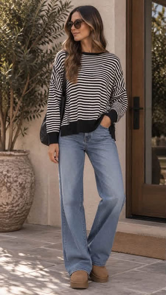 Black Stripe Exposed Seam Sweater Top