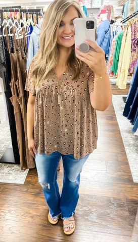 Taupe Floral Print Woven V Neck Top