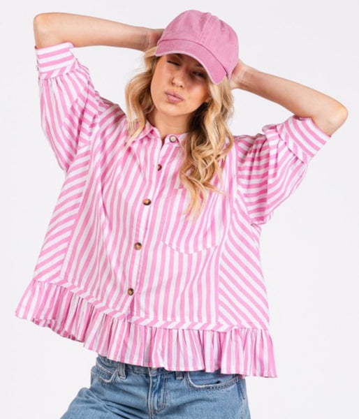 Striped Ruffle Button Down Top Pink