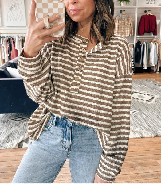 Textured Stripe Henley Top Taupe