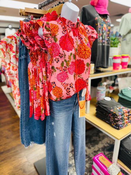UMGEE Floral Print Ruffle Neck Top Pink Mix