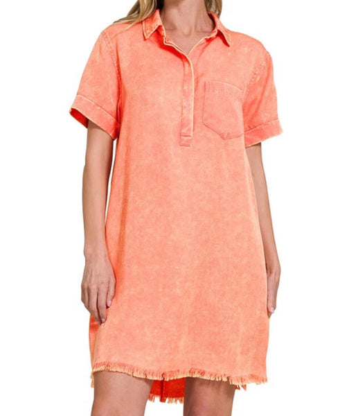 Lizzy Linen Raw Hem Pocket Dress Coral