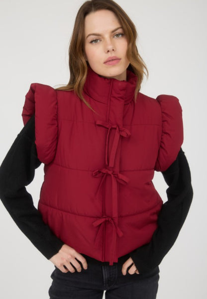 Flutter Sleeve Puffer Vest Red Wine