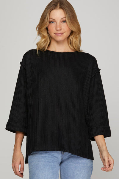 Quarter Sleeve Knit Sweater Top Black