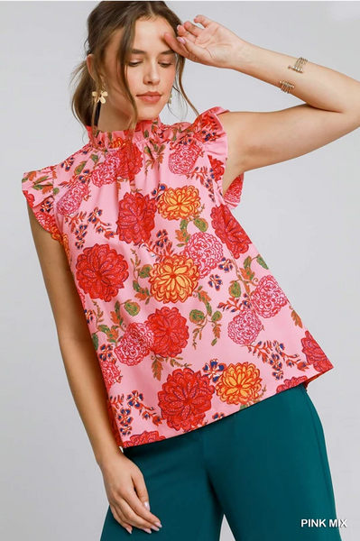 UMGEE Floral Print Ruffle Neck Top Pink Mix