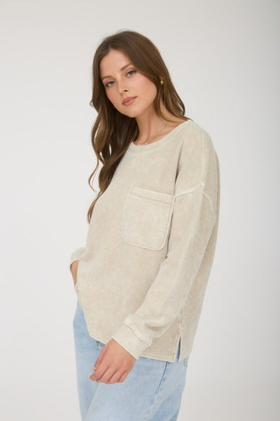 Long Sleeve Rib Knit Pocket Top Beige