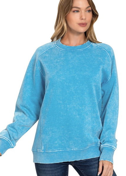 Acid Wash Fleece Sweatshirt Sky Blue