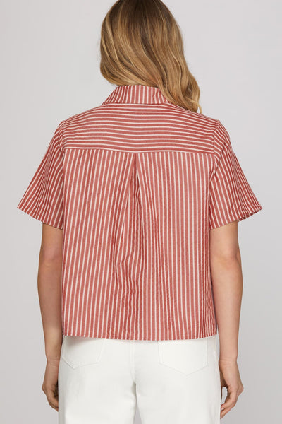 Short Sleeve Striped Collar Top Red