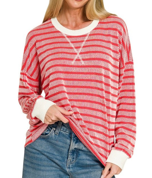 Two Tone Stripe Top Red