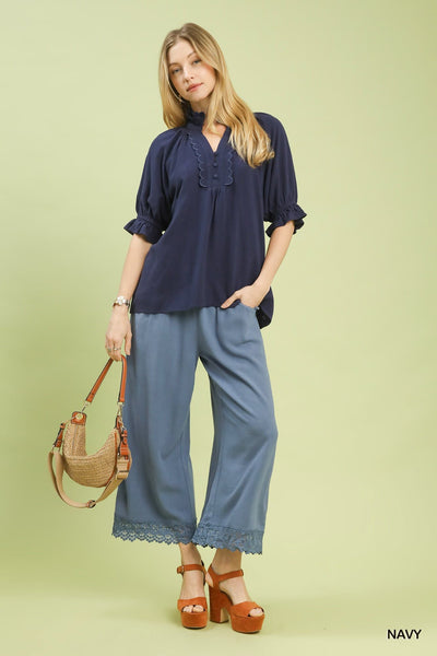 UMGEE Scalloped Ruffle Detail Top Navy