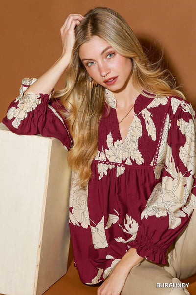 UMGEE Hampton Leaf Print Top Burgundy