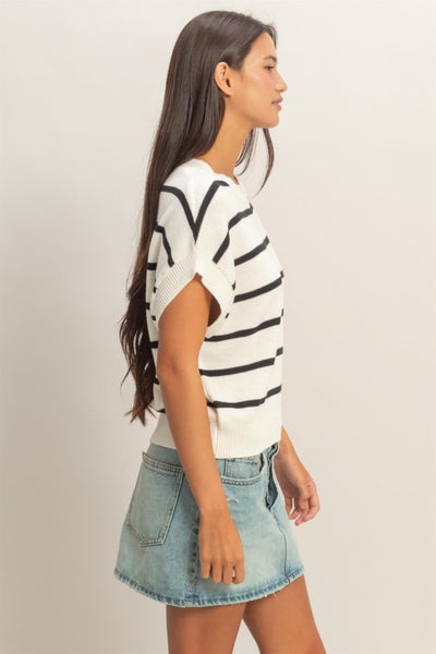 Stripe Crew Neck Knit Top Black