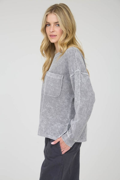 Long Sleeve Rib Knit Pocket Top Grey