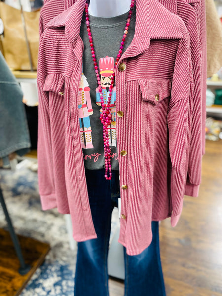 Textured Urban Ribbed Button Down Shacket Sangria