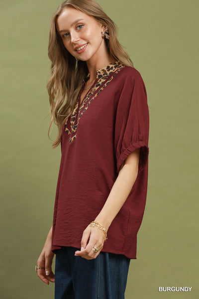 UMGEE Rowan Leopard Contrast Top Wine