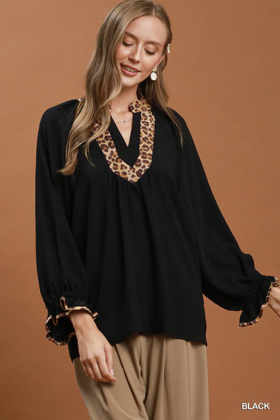 UMGEE Leopard Trim Puff Sleeve Top Black