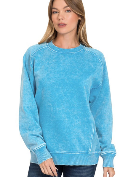 Acid Wash Fleece Sweatshirt Sky Blue