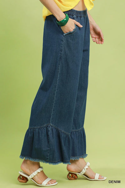 UMGEE Dark Denim Ruffle Wide Leg Pant