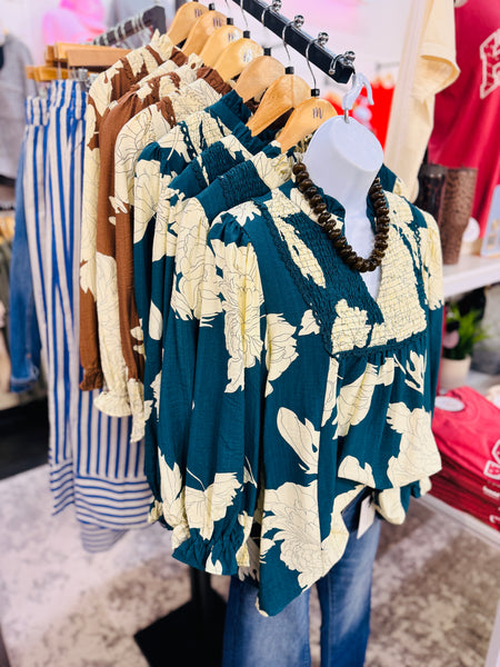 UMGEE Hampton Leaf Print Top Teal