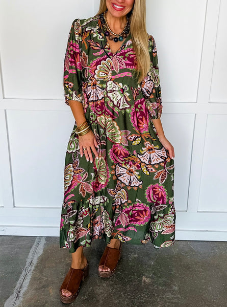 UMGEE Boho Floral Dress Olive Mix