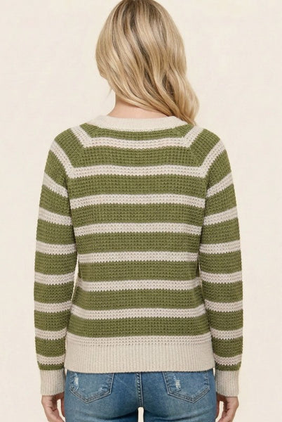 Waffle Knit Striped Sweater Matcha Latte