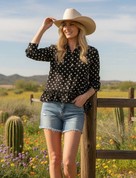 Polka Dot Button Down Peplum Top Black