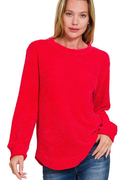 Chenille Waffle Knit Sweater Ruby Red