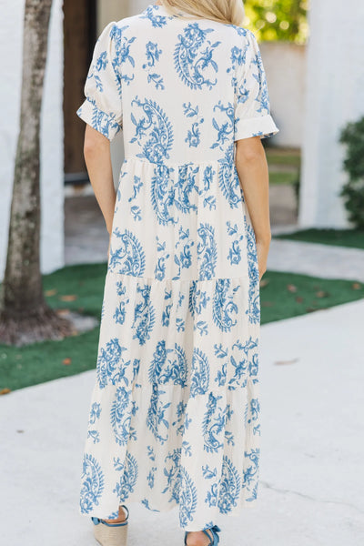 UMGEE Mandarin Collar Tiered Print Maxi Dress Blue Mix