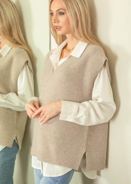 V Neck Boxy Sweater Vest Heather Mocha