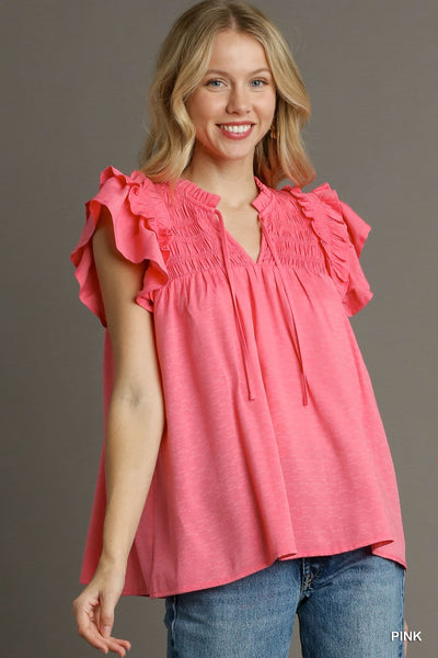 UMGEE Ruffle Flutter Sleeve Top Pink