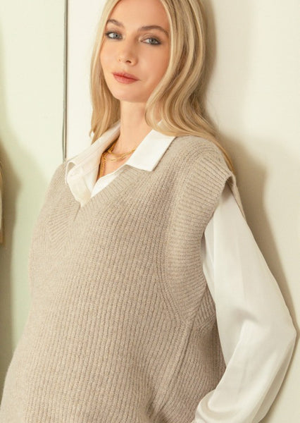 V Neck Boxy Sweater Vest Heather Mocha