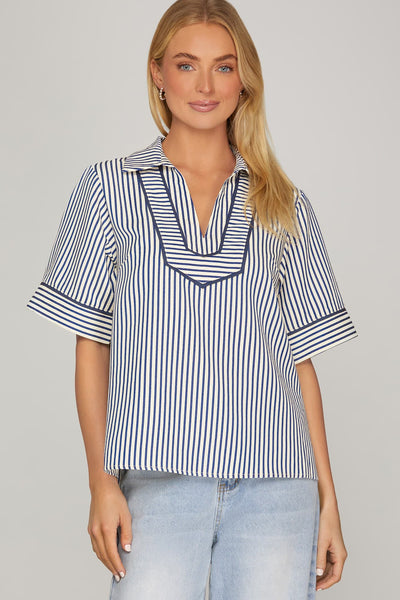 Evelyn Blue Stripe Contrast Top
