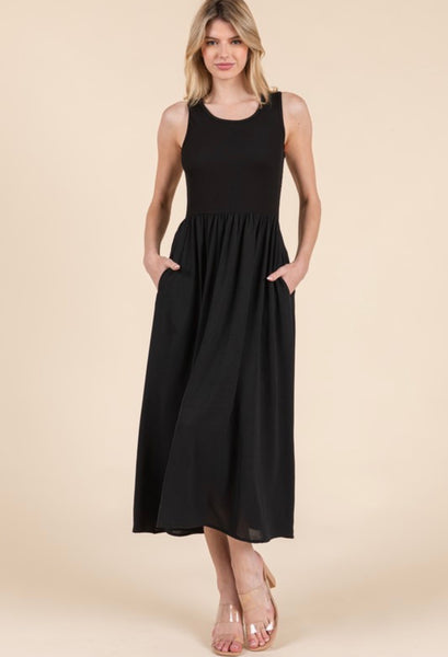 Black Solid Midi Dress