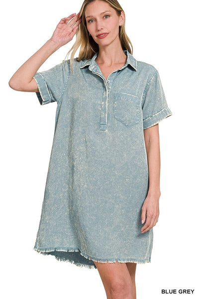 Lizzy Linen Raw Hem Pocket Dress Blue Grey