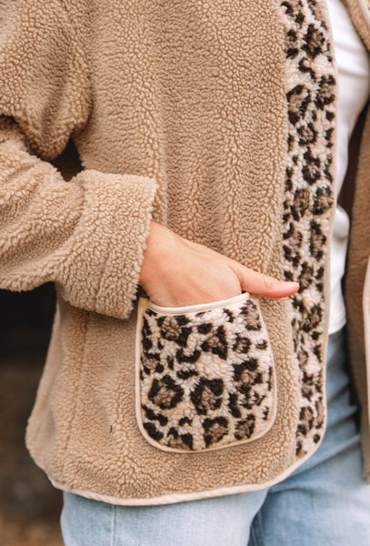 Plush Leopard Contrast Button Up Jacket