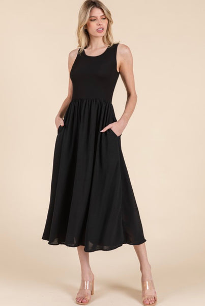 Black Solid Midi Dress