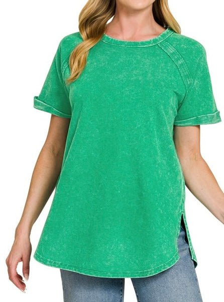 Curved Hem Acid Wash Tee Green