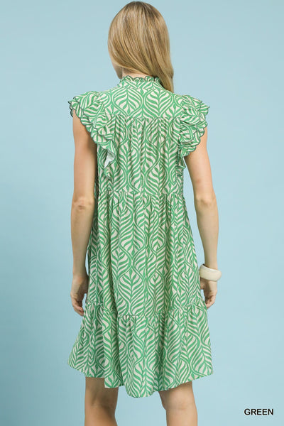 UMGEE Leaf Print Ruffle Shift Dress Green