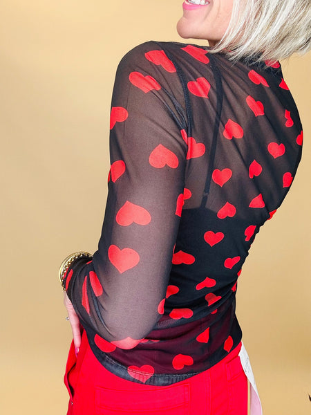 Black & Red Heart Mesh Top