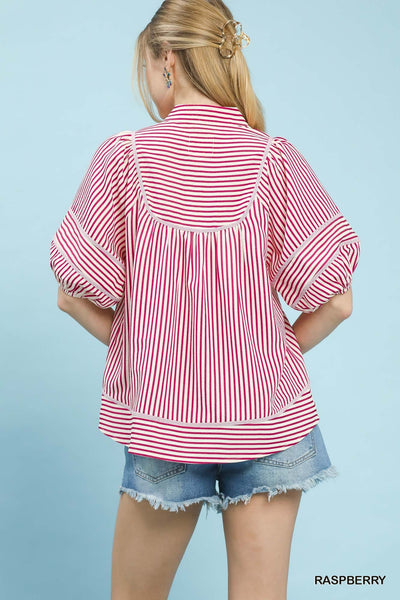 UMGEE Striped Puff Sleeve Top Raspberry