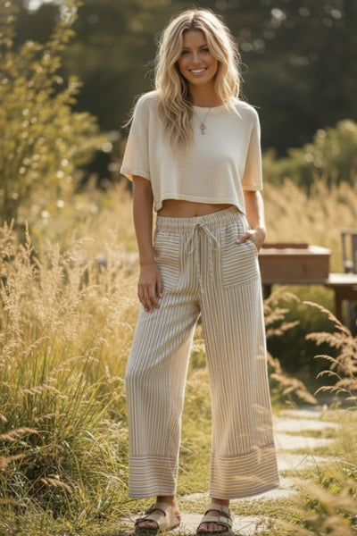 Woven Wide Leg Stripe Pant Khaki