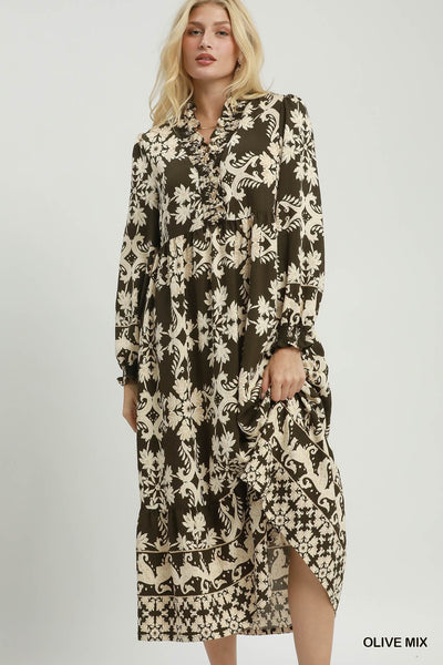 UMGEE Cameron Border Print Maxi Dress Olive