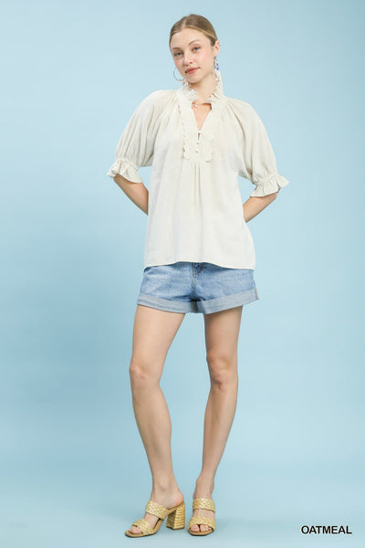 UMGEE Scalloped Ruffle Detail Top Oatmeal