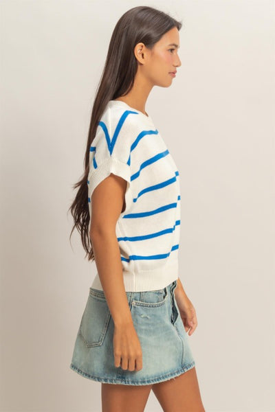 Stripe Crew Neck Knit Top Blue