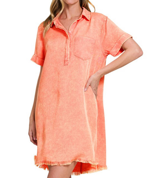 Lizzy Linen Raw Hem Pocket Dress Coral