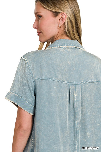 Lizzy Linen Raw Hem Pocket Dress Blue Grey