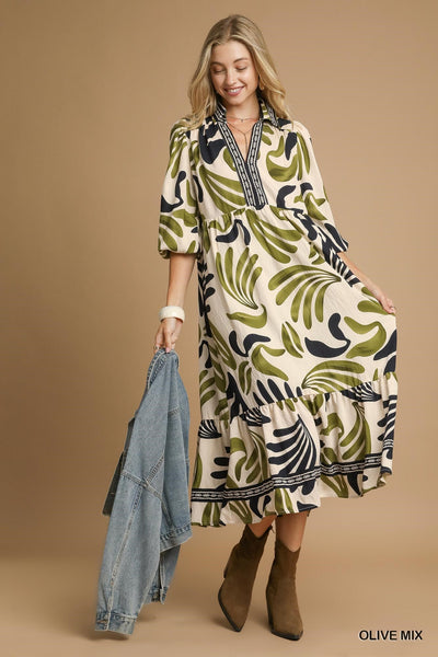 UMGEE Boho Leafy Print Maxi Dress