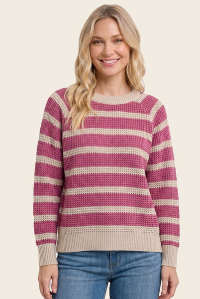 Waffle Knit Striped Sweater Deep Rose